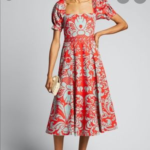 Alice + Olivia Fredia Puff Sleeve Midi Flare Dress